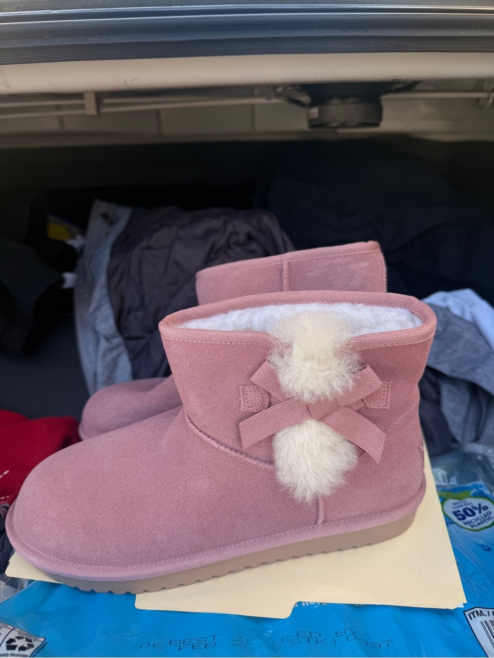 Ugg Koolaburra Plush-Lined Pink Ankle Winter Boots with Bow Accent